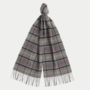 Écharpe Barbour en laine d'agneau, tartan gris chiné à fins filets rouges et jaunes, nouée et suspendue, à franges