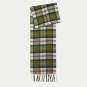 Écharpe Barbour tartan vert mousse et écru à lignes vert sapin, pan replié et franges, laine d'agneau