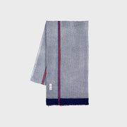 Écharpe en laine pliée, chevrons Bleu Marine et blancs, liseré rouge et large bout Bleu Marine uni