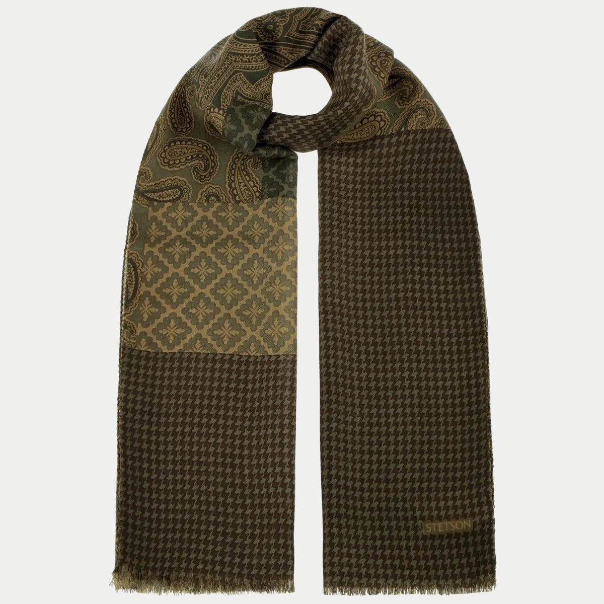 Écharpe paisley patchwork olive Stetson - vue d'ensemble en boucle : pans pied-de-poule, paisley et losanges fleuris