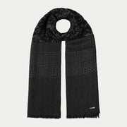 Écharpe noire à motifs jacquard gris, arabesques, damier pied-de-poule et fines rayures