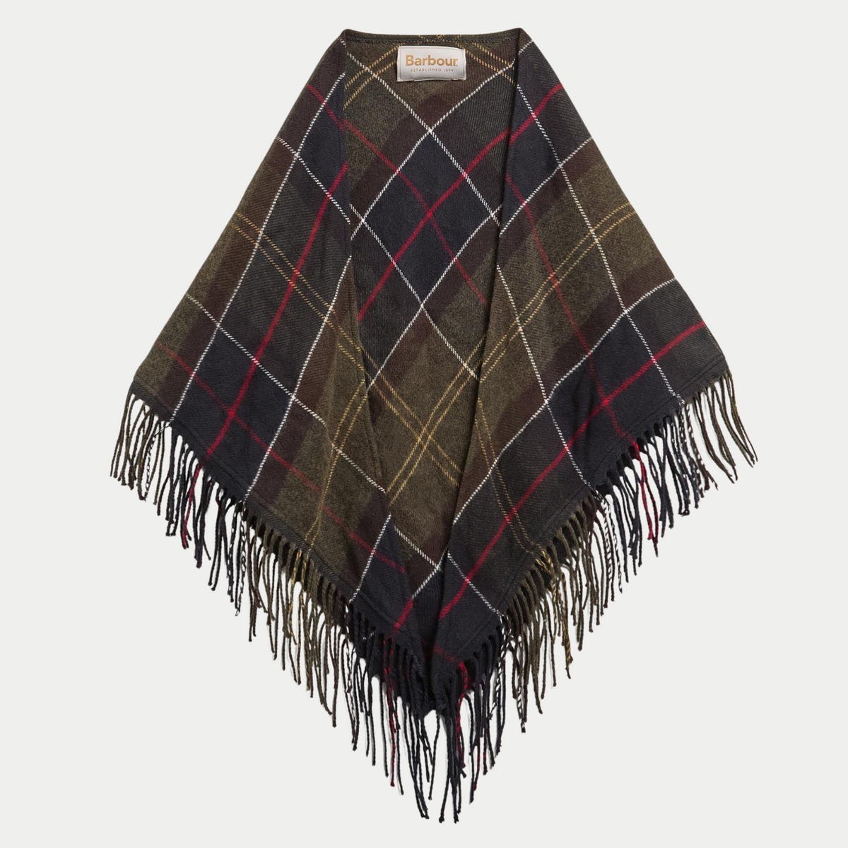 Écharpe triangle Kirklees à plat, tartan olive et marine à filets rouges, jaunes et blancs, longues franges