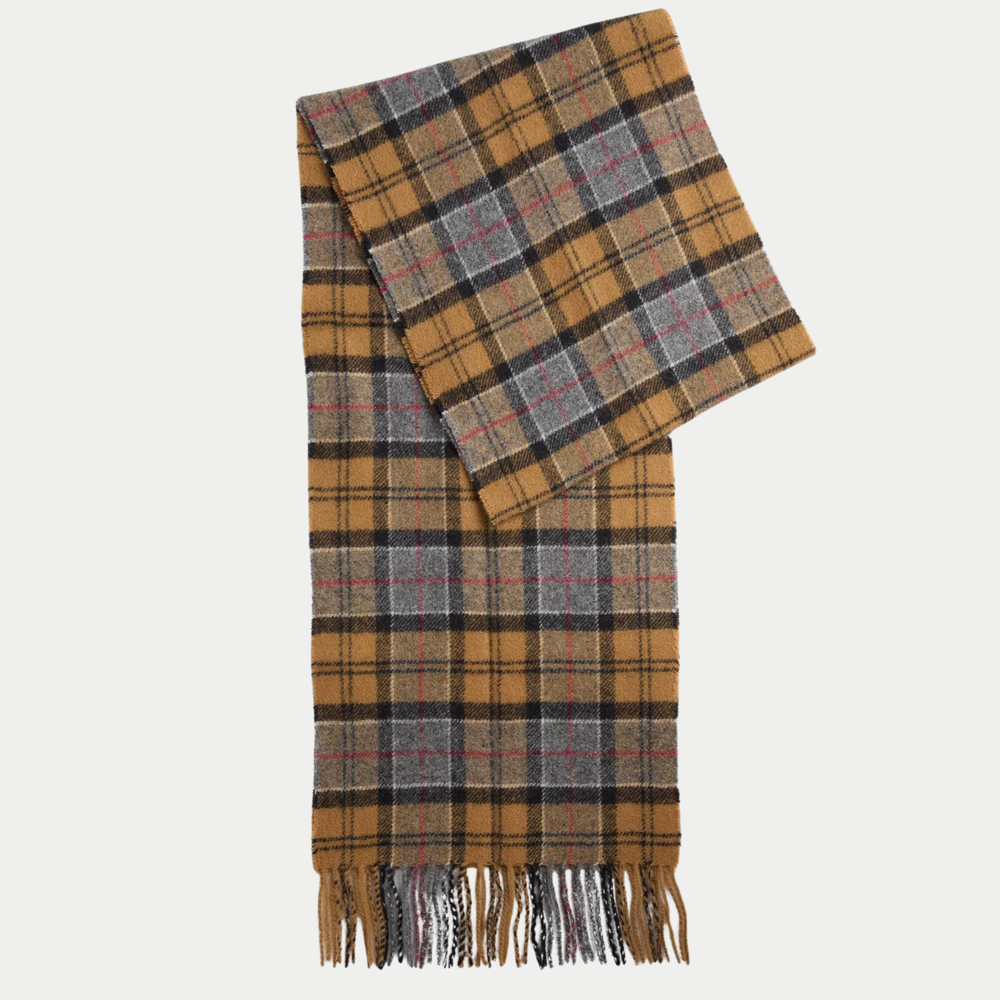 Écharpe Barbour en lambswool Dress Tartan ocre moutarde, carreaux gris et noirs, pliée à plat, franges apparentes