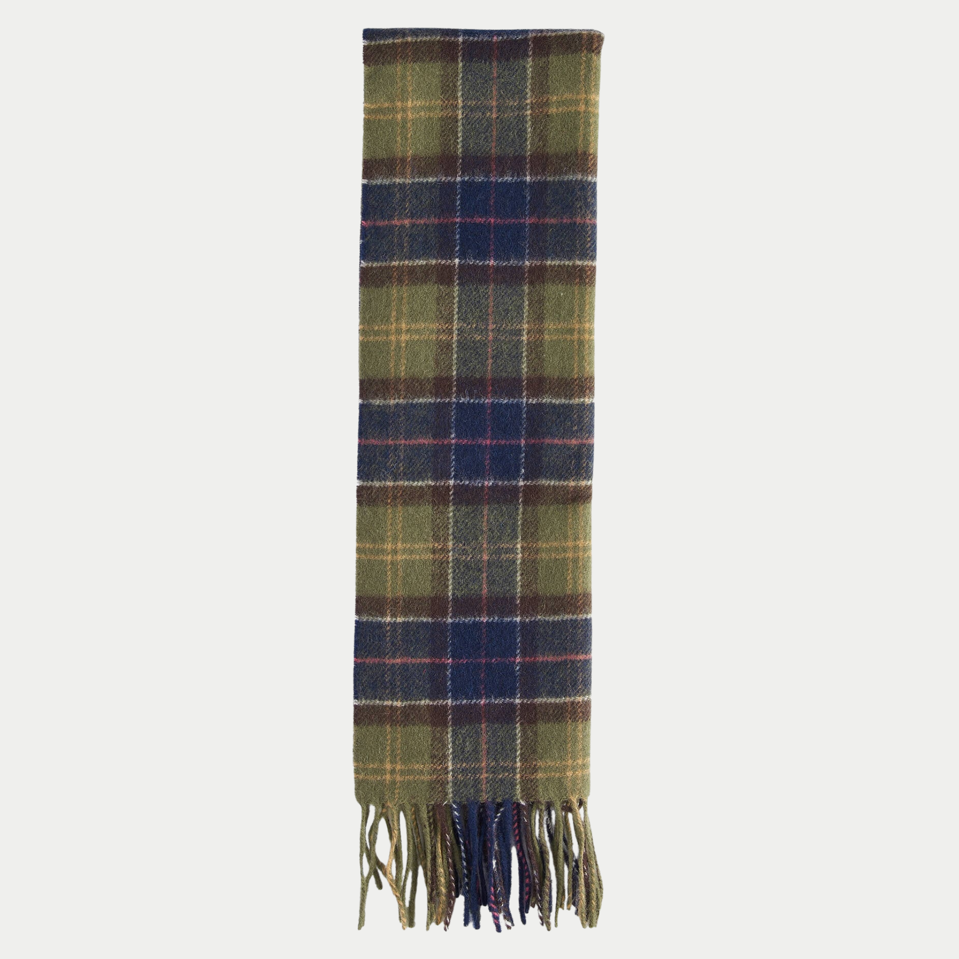 Écharpe Barbour en laine olive, Classic Tartan à carreaux marine et brun, pliée à plat avec ses franges