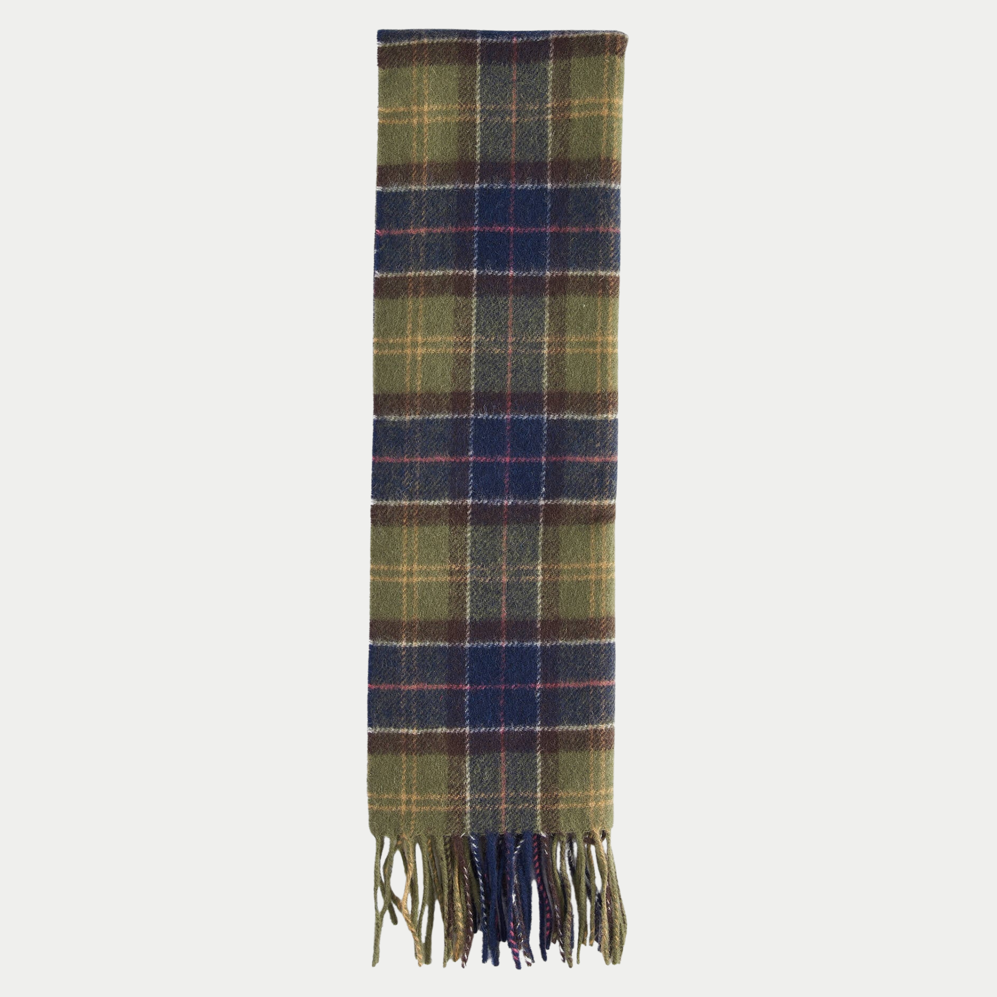 Écharpe Barbour en laine olive, Classic Tartan à carreaux marine et brun, pliée à plat avec ses franges