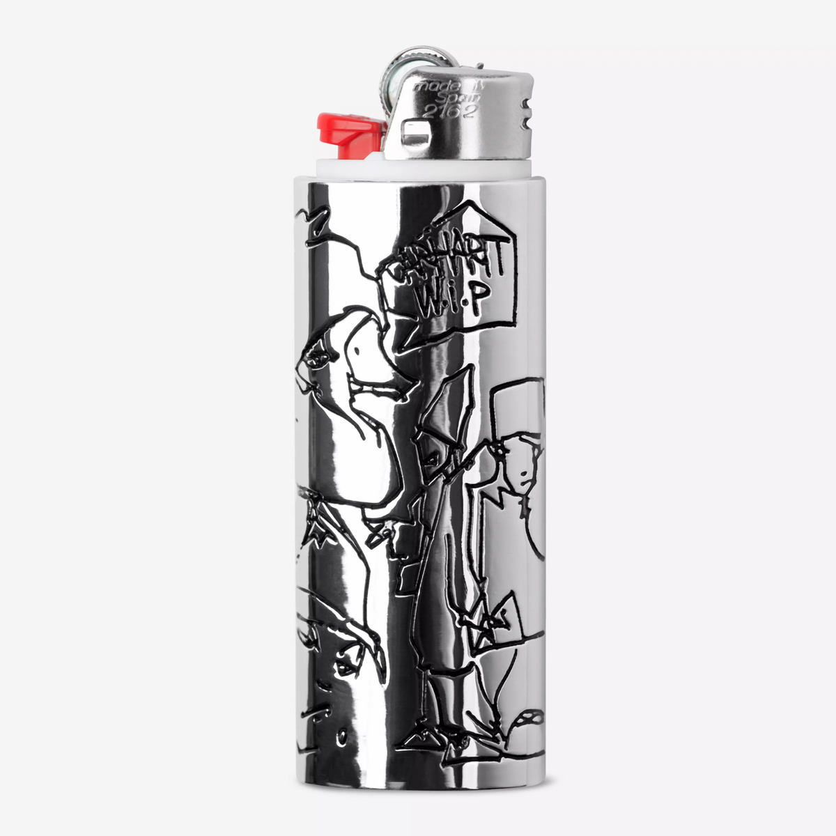 Étui à briquet Blinkerfluid Carhartt WIP, face arrière gravée : personnages au trait et pancarte CARHARTT W.I.P