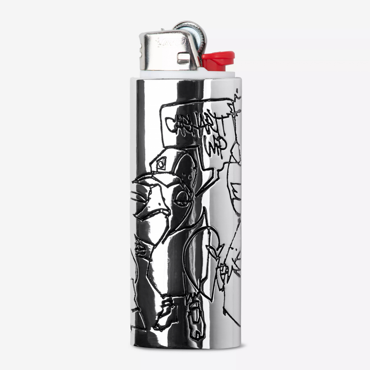 Étui à briquet Blinkerfluid Carhartt WIP en zinc chromé, face avant gravée : oiseau à casquette et lettrage CARHARTT WIP