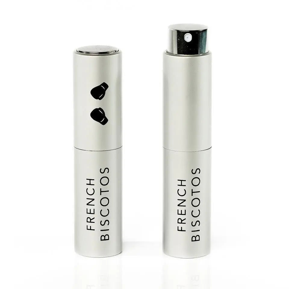 Flacon vaporisateur rechargeable en aluminium brossé, capuchon au logo gants de boxe et spray noir apparent