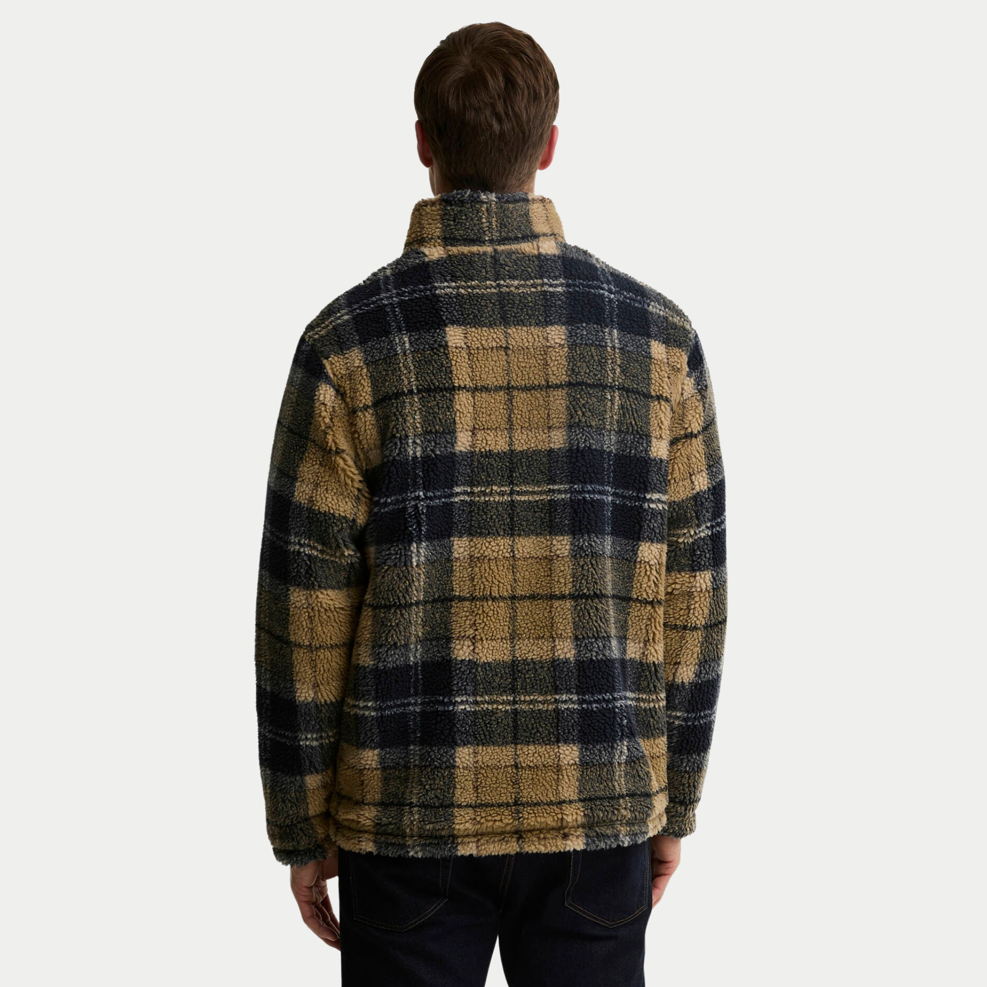 Polaire Sherpa Barbour tartan beige vue de dos, carreaux beige et marine sur toute la largeur du dos