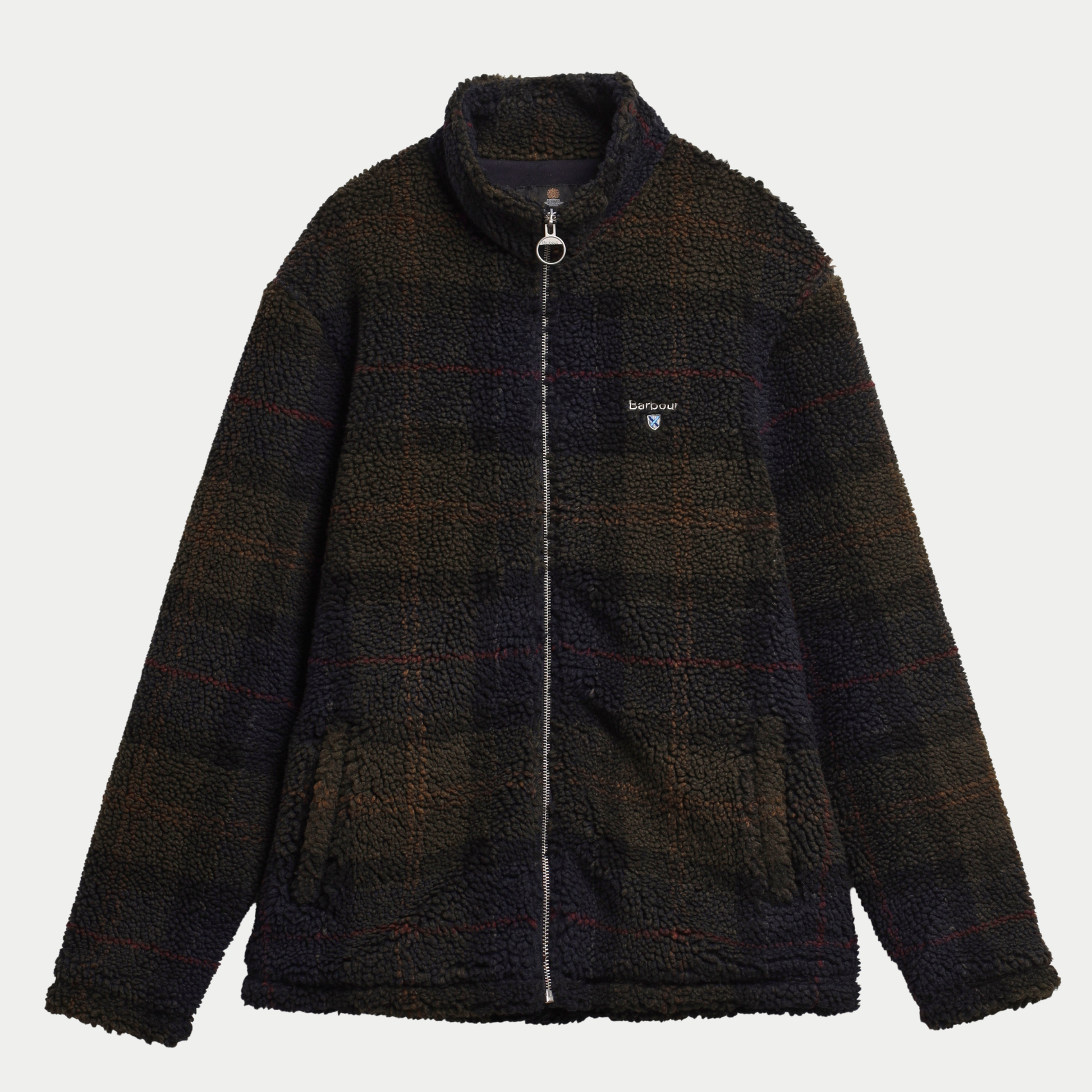 Polaire sherpa Barbour tartan olive foncé, vue à plat de face zip fermé et poches passepoilées