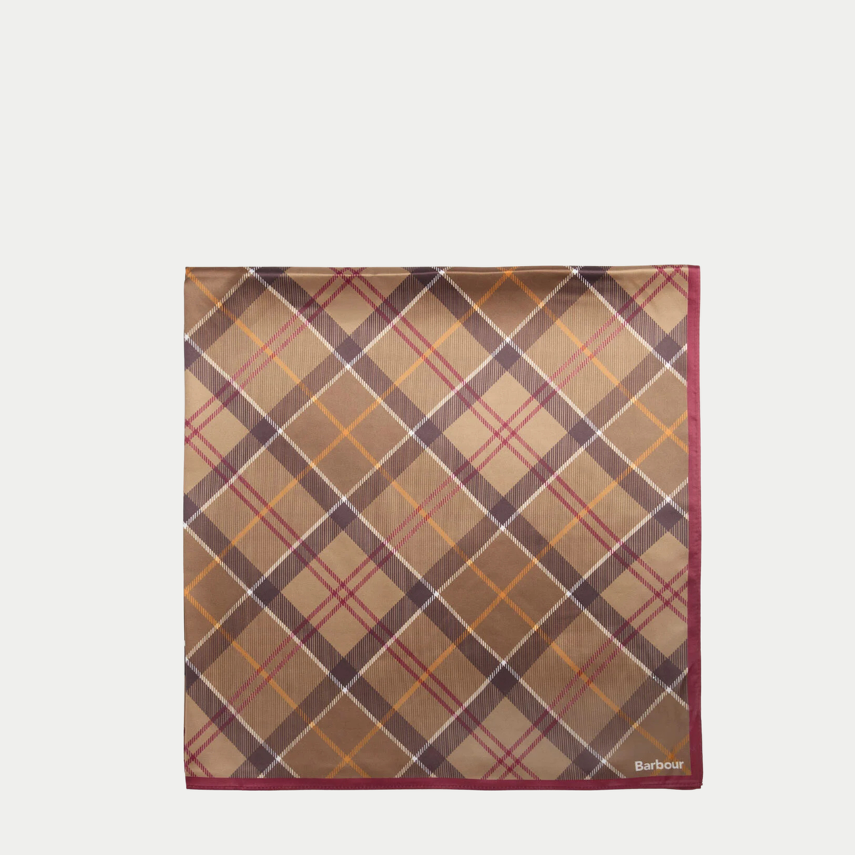 Carré Kinsale à plat : tartan marron imprimé en biais, fond camel, filets blancs, orange et framboise