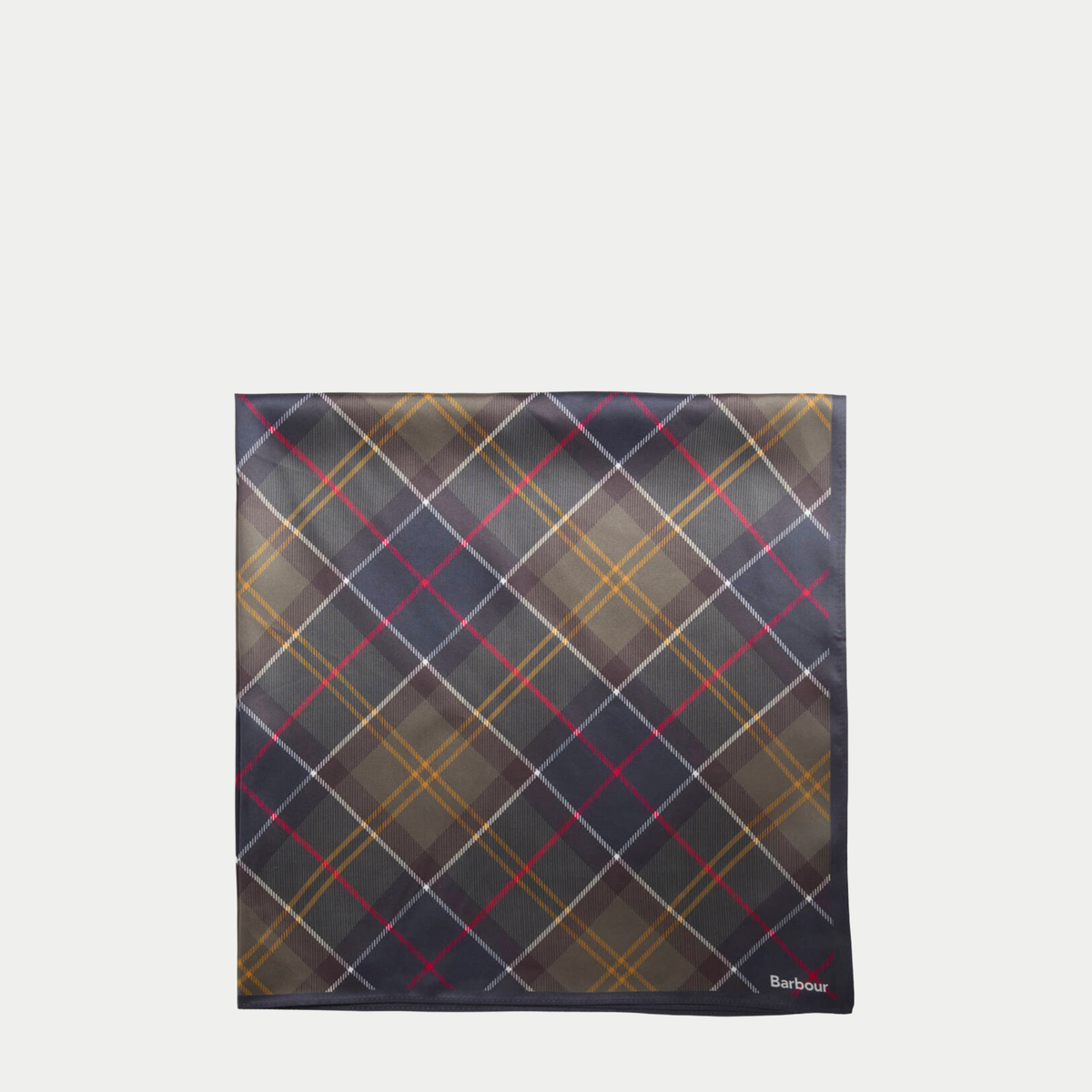 Carré Kinsale à plat : tartan olive imprimé en biais, carreaux gris-bleu, lignes rouges, jaunes et blanches