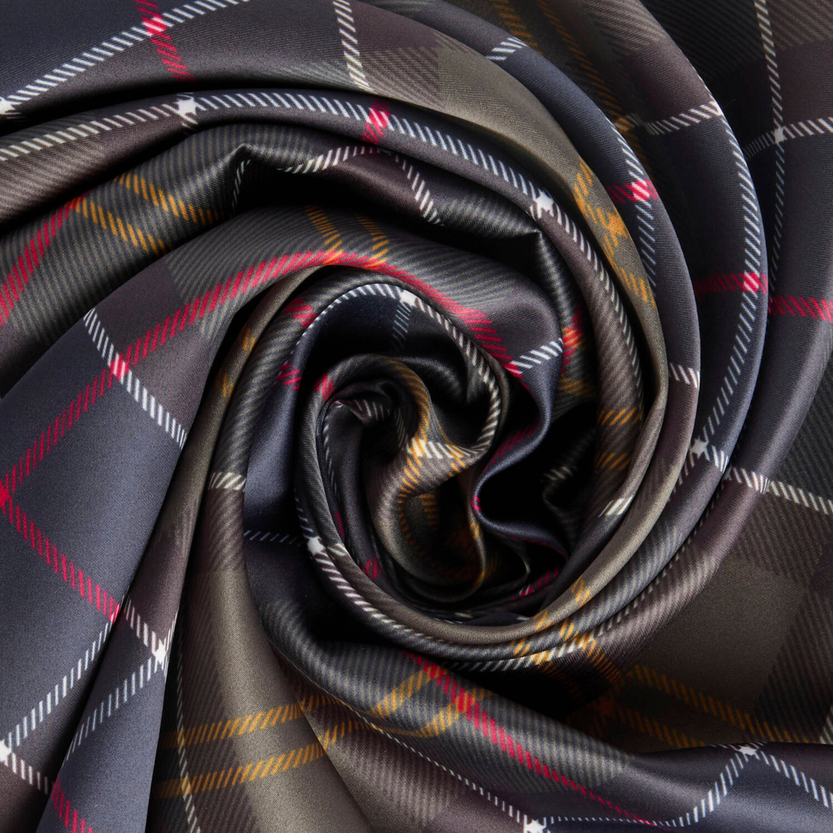 Macro du Kinsale enroulé en spirale : polyester satiné, carreaux olive et gris-bleu, filets rouges et jaunes