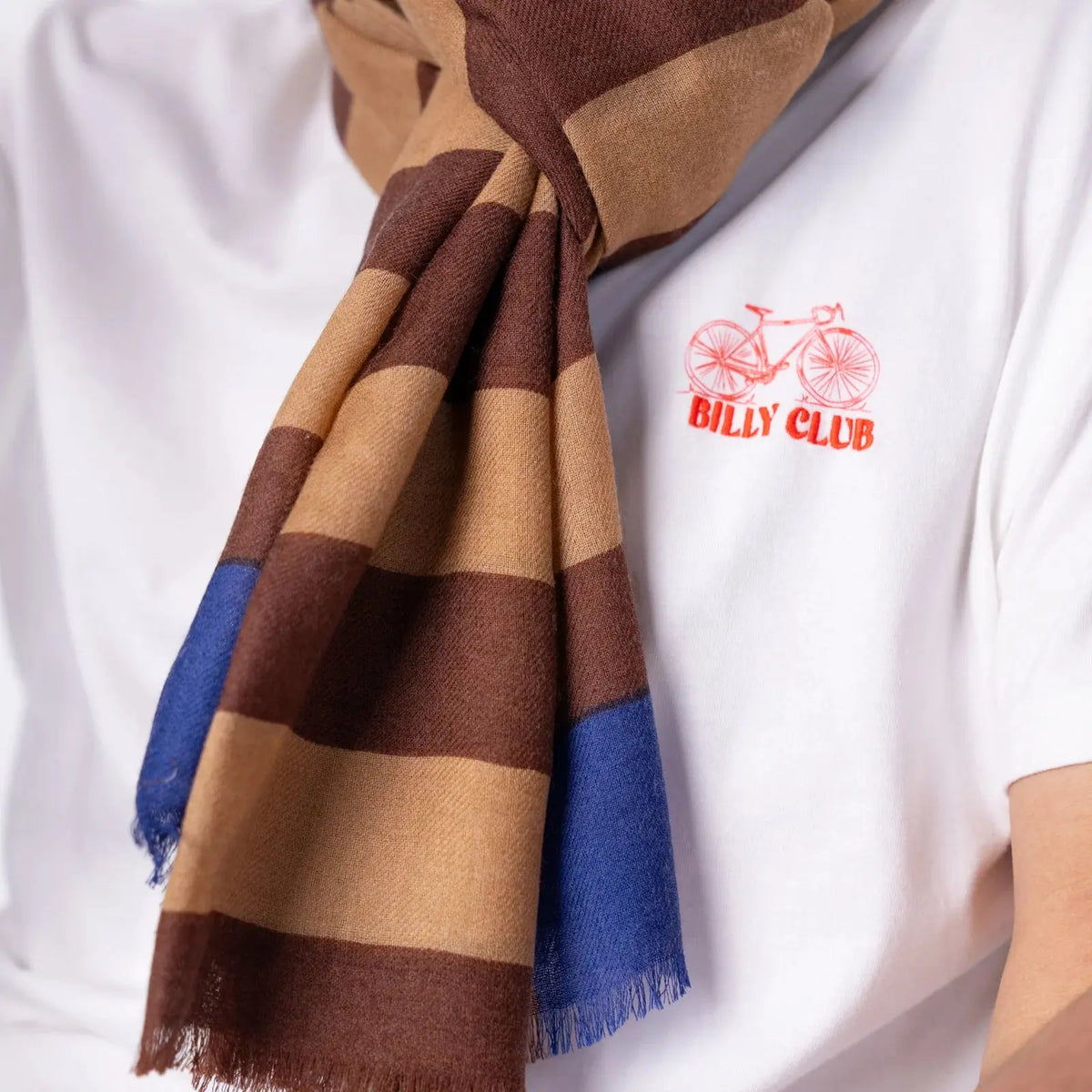 Détail du tissage : rayures camel et marron chocolat, aplat bleu roi et bordure frangée en laine