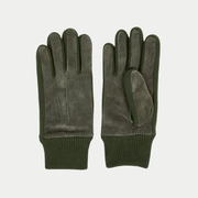Paire de gants Faguo en nubuck kaki à plat, dos de main et paume, soufflets et poignet en maille côtelée