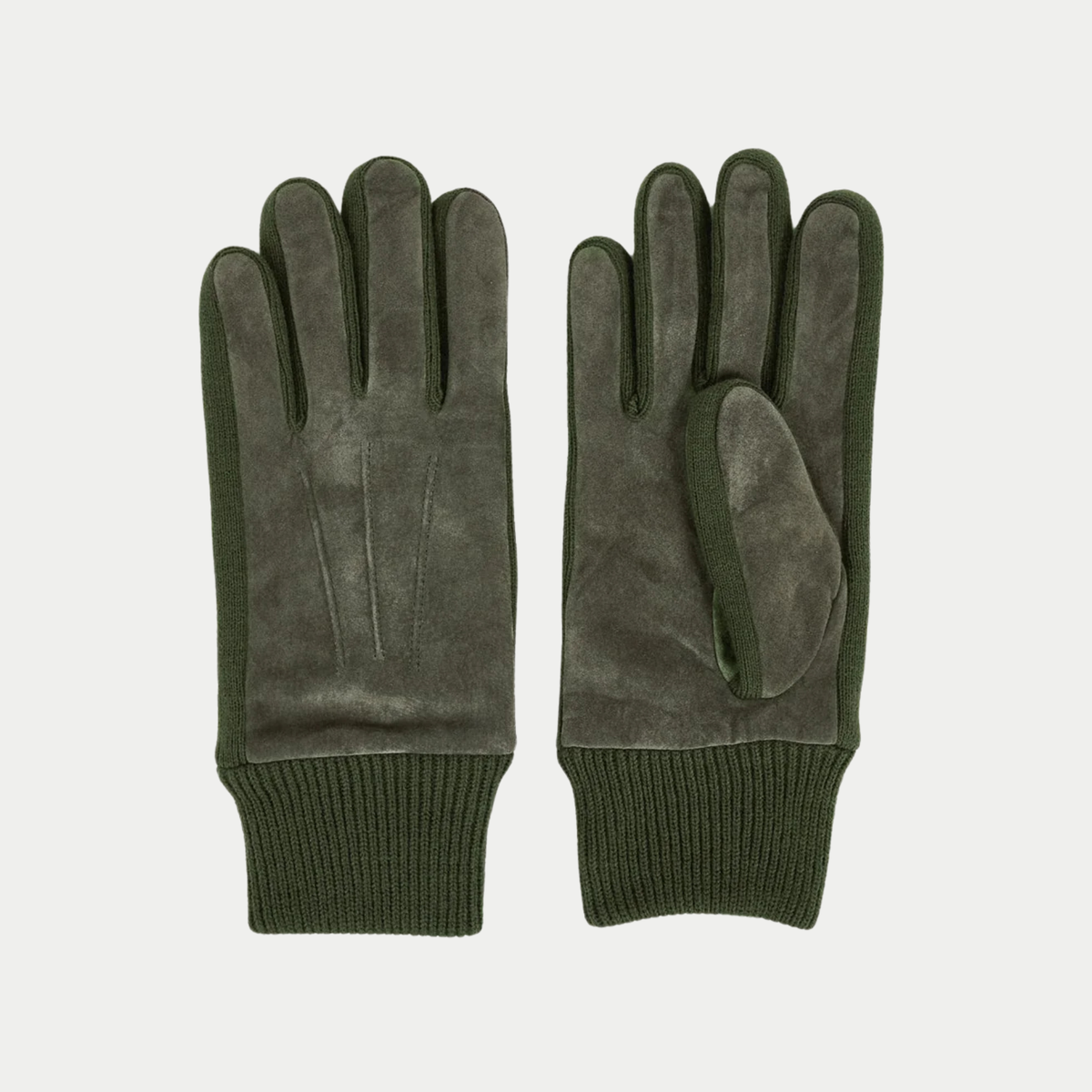 Paire de gants Faguo en nubuck kaki à plat, dos de main et paume, soufflets et poignet en maille côtelée