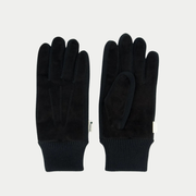 Gants Faguo en nubuck noir posés à plat, dos et paume, soufflets tricot et poignet en maille côtelée