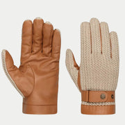 Paire de gants : paume en cuir d'agneau cognac et dos en maille crochet écrue