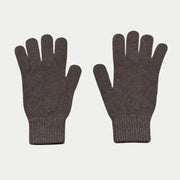 Gants Munro brun taupe grisé, maille jersey fine et poignets côtelés, la paire à plat.