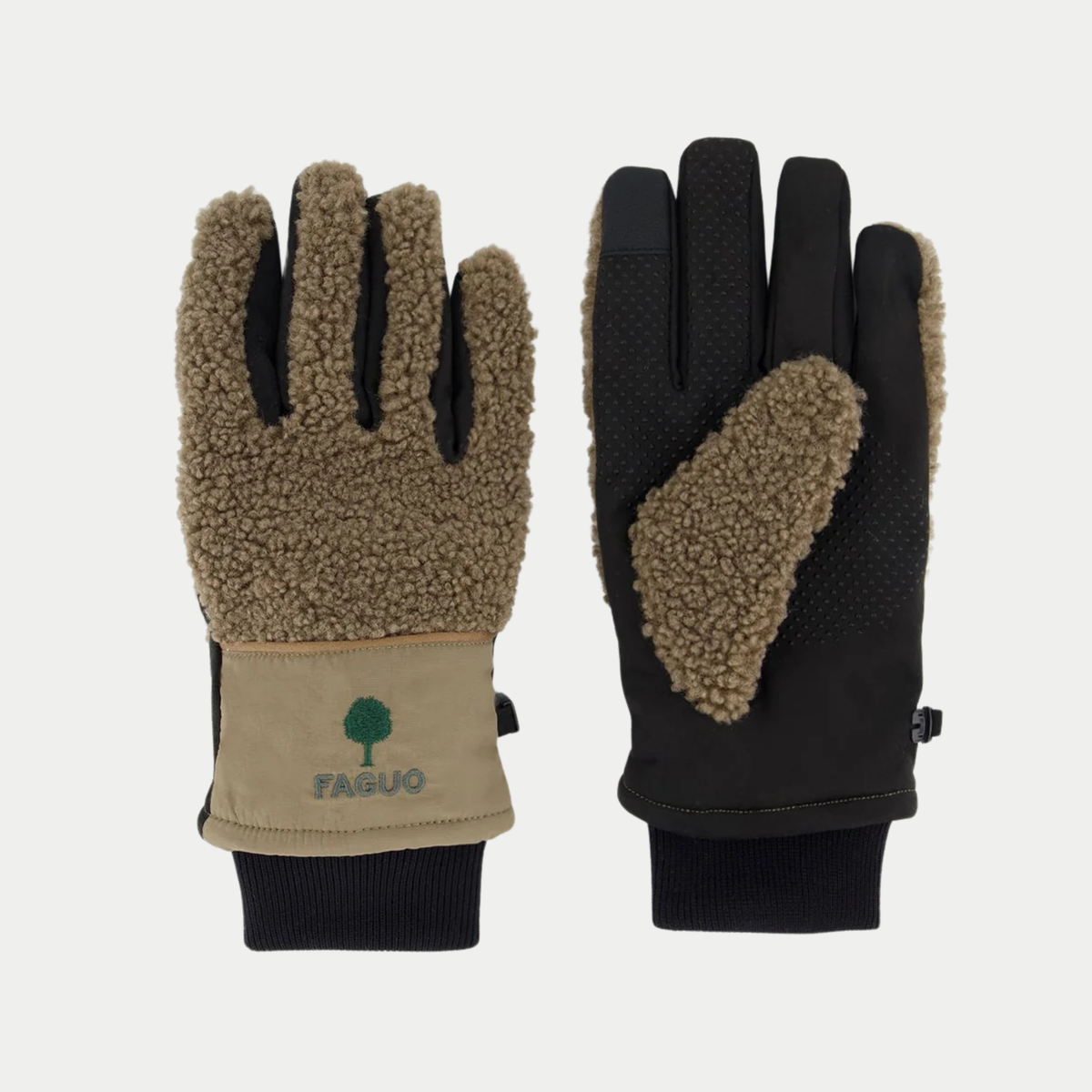 Gants Sherpa - Taupe - Faguo : la paire à plat, dos en sherpa taupe et paume noire à picots antidérapants