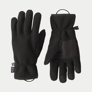 Gants Synchilla Fleece noirs Patagonia - paire à plat : dos de main avec étiquette et paume renforcée à boucle de tirage