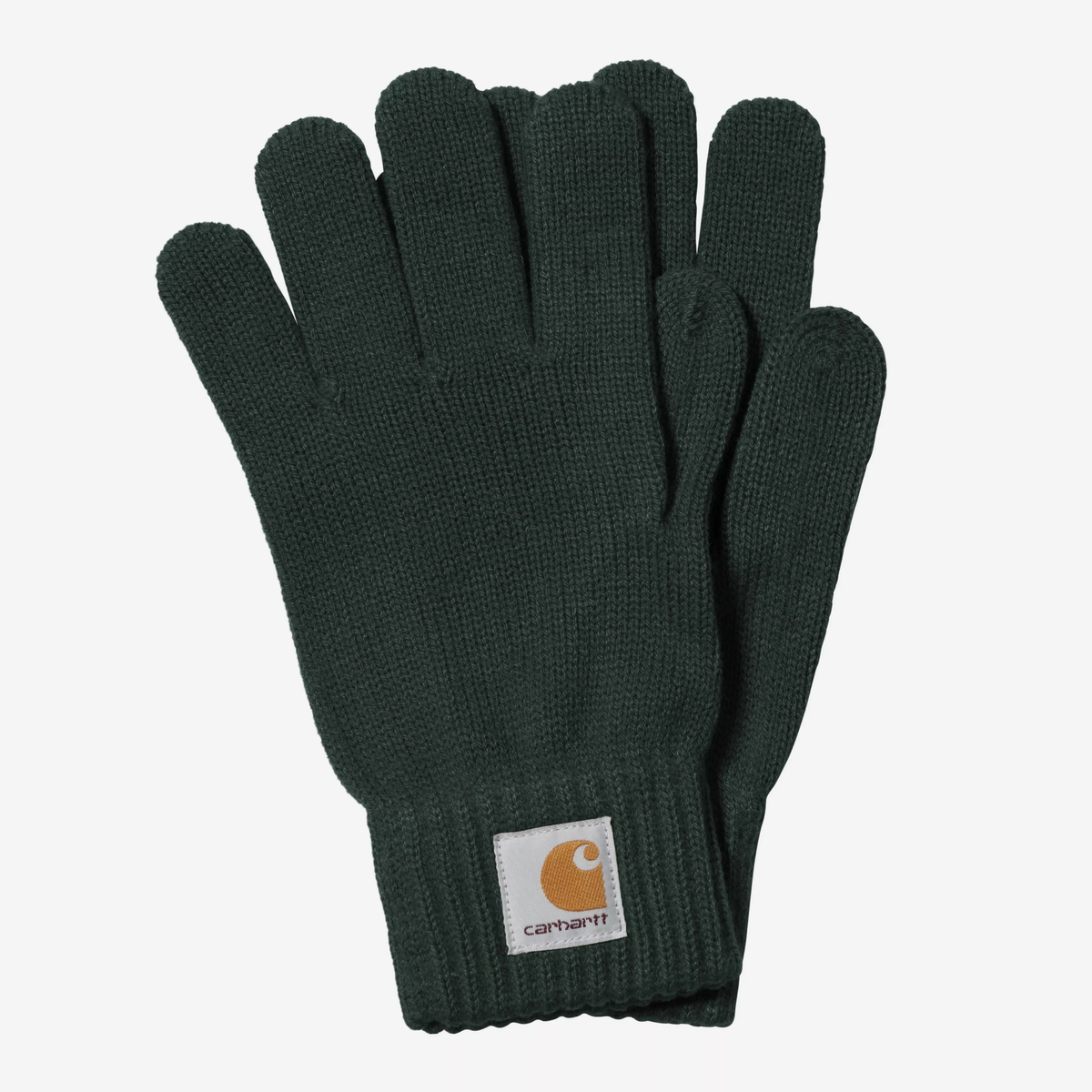 Gants Watch Dark Scarab Carhartt WIP - paire à plat en maille vert sapin, Square Label au poignet