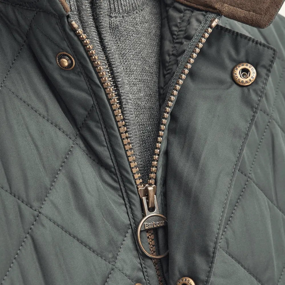 Zip laiton du gilet Lowerdale Sage à tirette anneau gravée Barbour, col doublé de microfibre brune