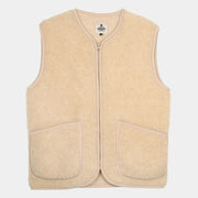 Gilet sans manches en laine bouclée beige écru, zip central et deux grandes poches plaquées, vu de face
