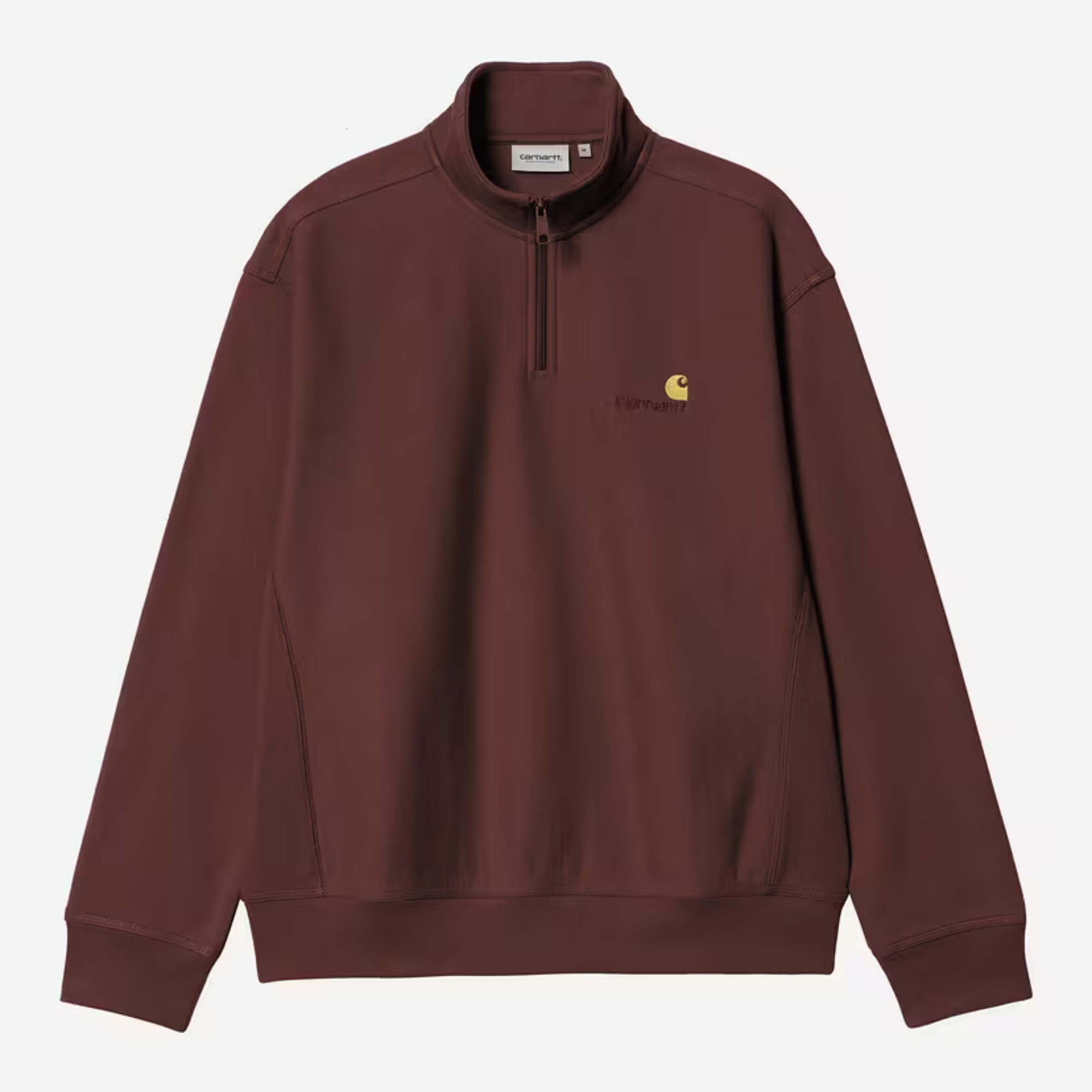 Sweat Half Zip American Script Carhartt WIP bordeaux, à plat de face, col montant zippé et poches latérales