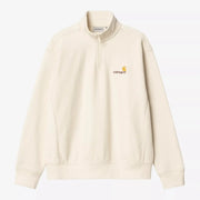 Half Zip American Script écru à plat : col montant, demi-zip et logo script brodé orange sur la poitrine