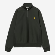 Sweat Half Zip American Script Carhartt WIP vert foncé, à plat de face, col montant zippé et logo script brodé
