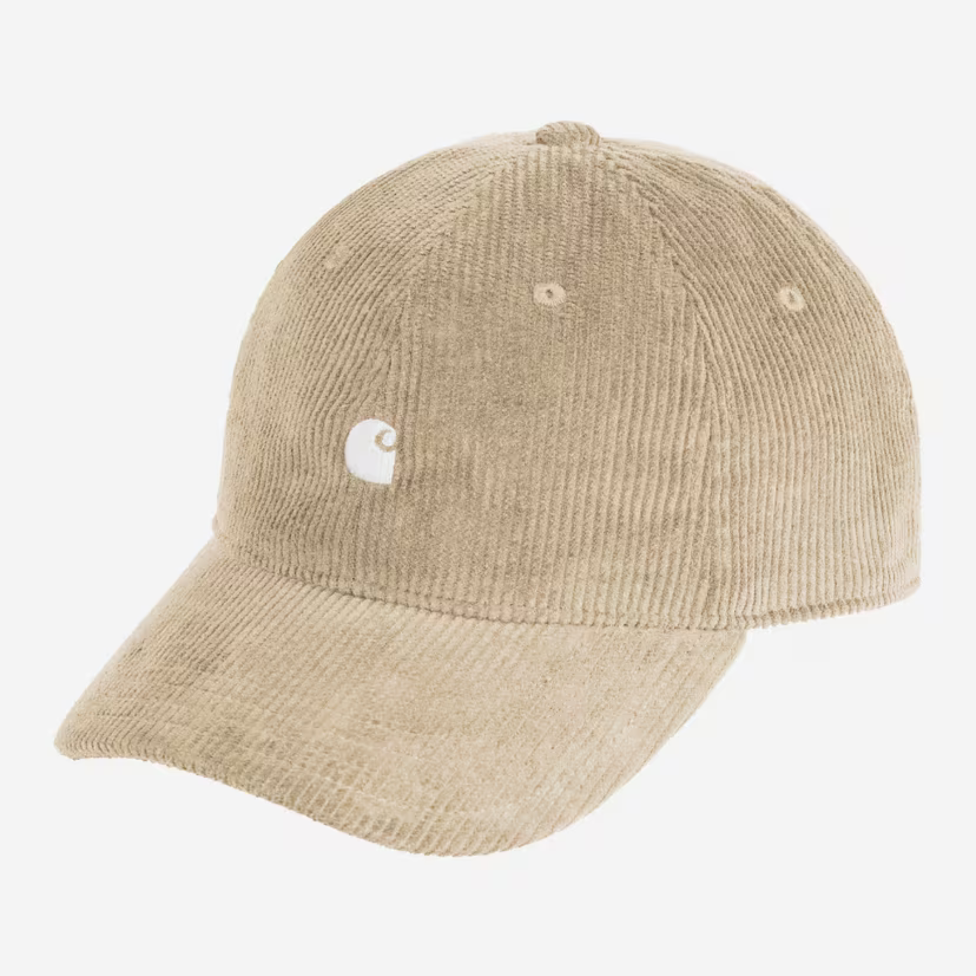 Casquette Harlem Carhartt WIP beige sable en velours côtelé, trois quarts avant, logo C brodé blanc