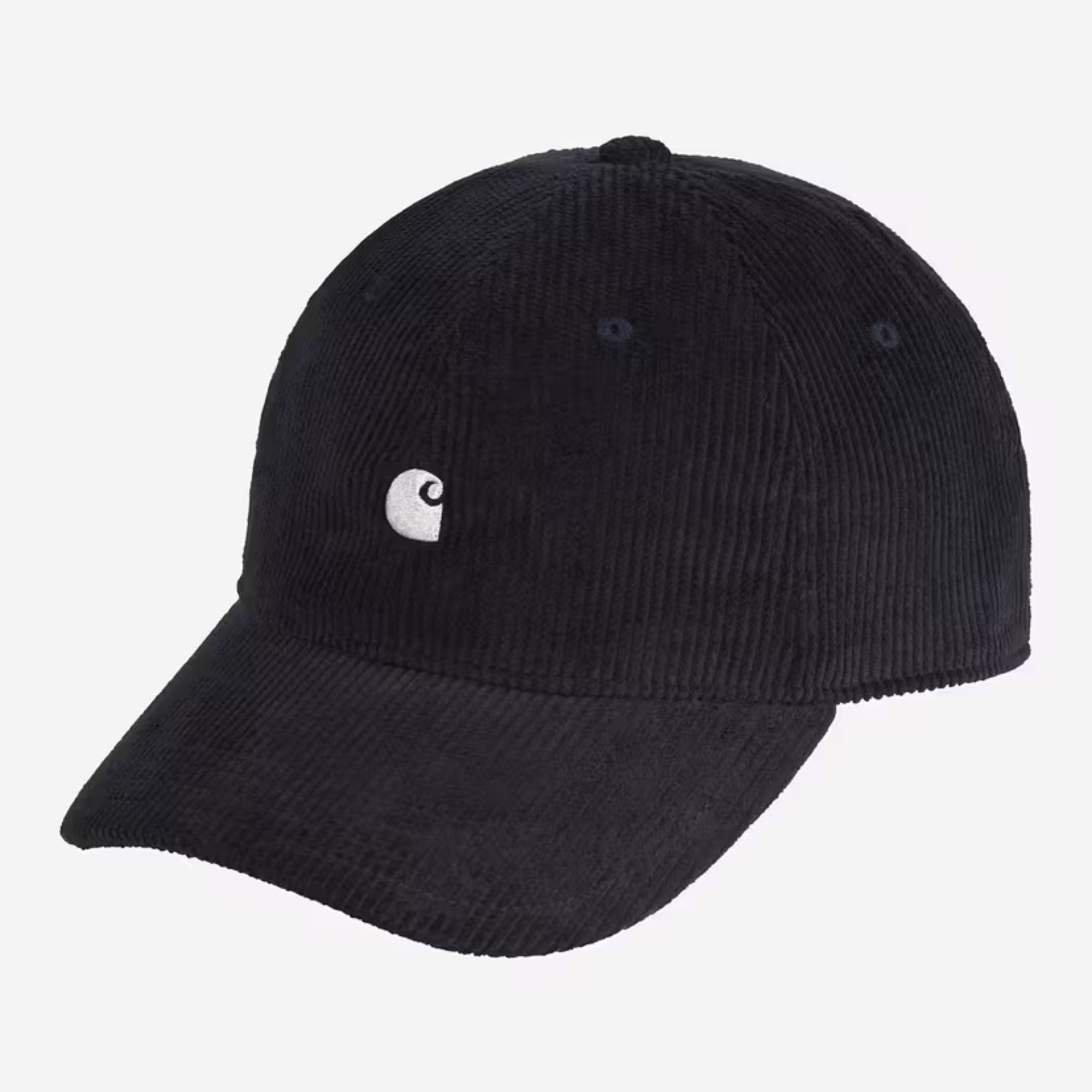 Casquette Harlem Carhartt WIP bleu marine en velours côtelé, trois quarts avant, logo C brodé blanc