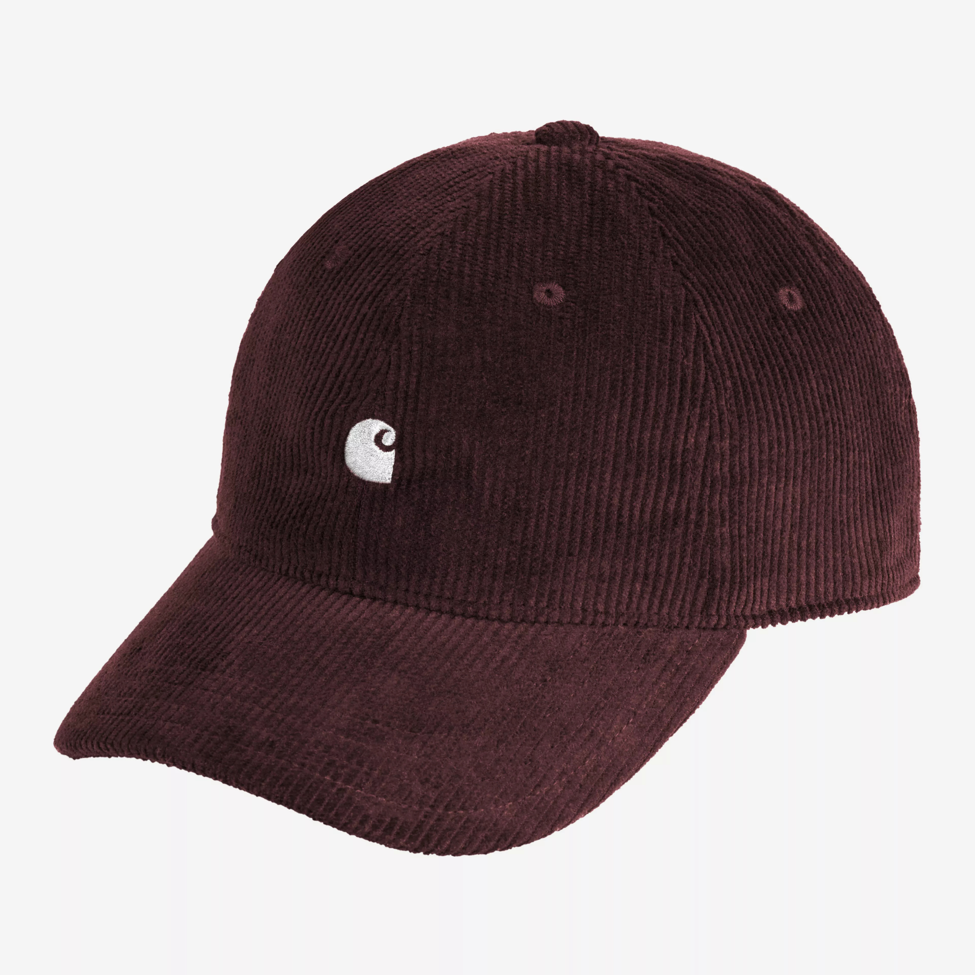Casquette Harlem Carhartt WIP bordeaux en velours côtelé, trois quarts avant, logo C brodé blanc