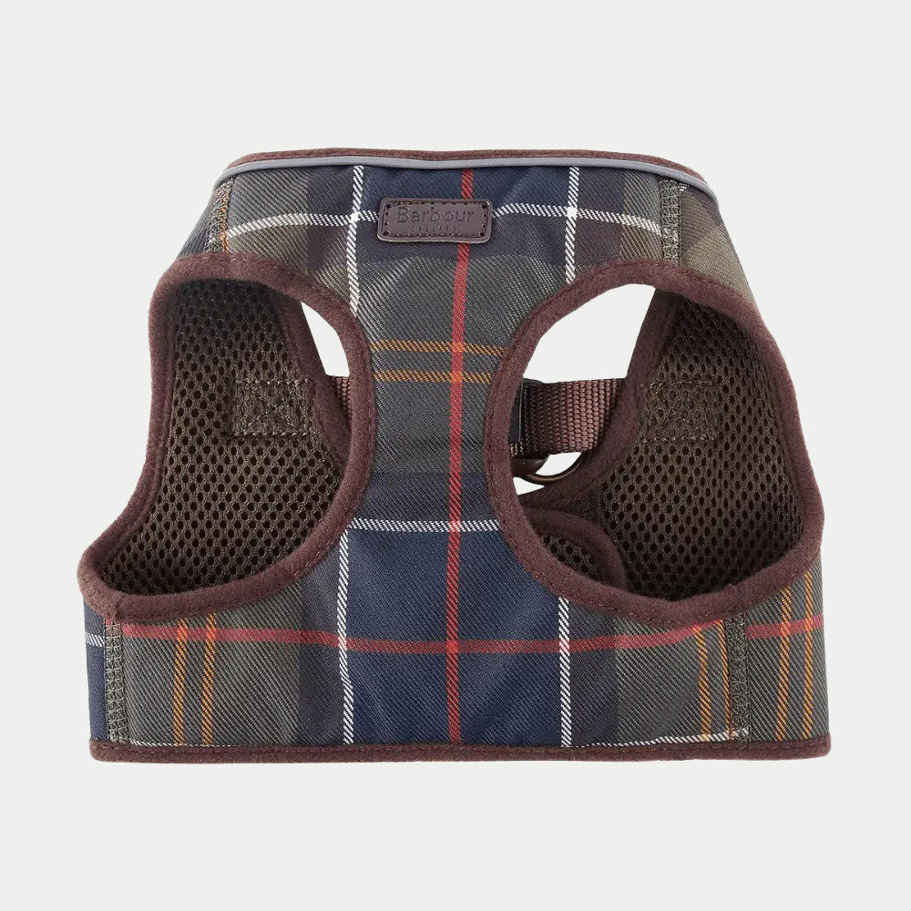 Harnais chien Barbour Classic Tartan, badge Barbour embossé et ouvertures pour les pattes bordées de polaire marron