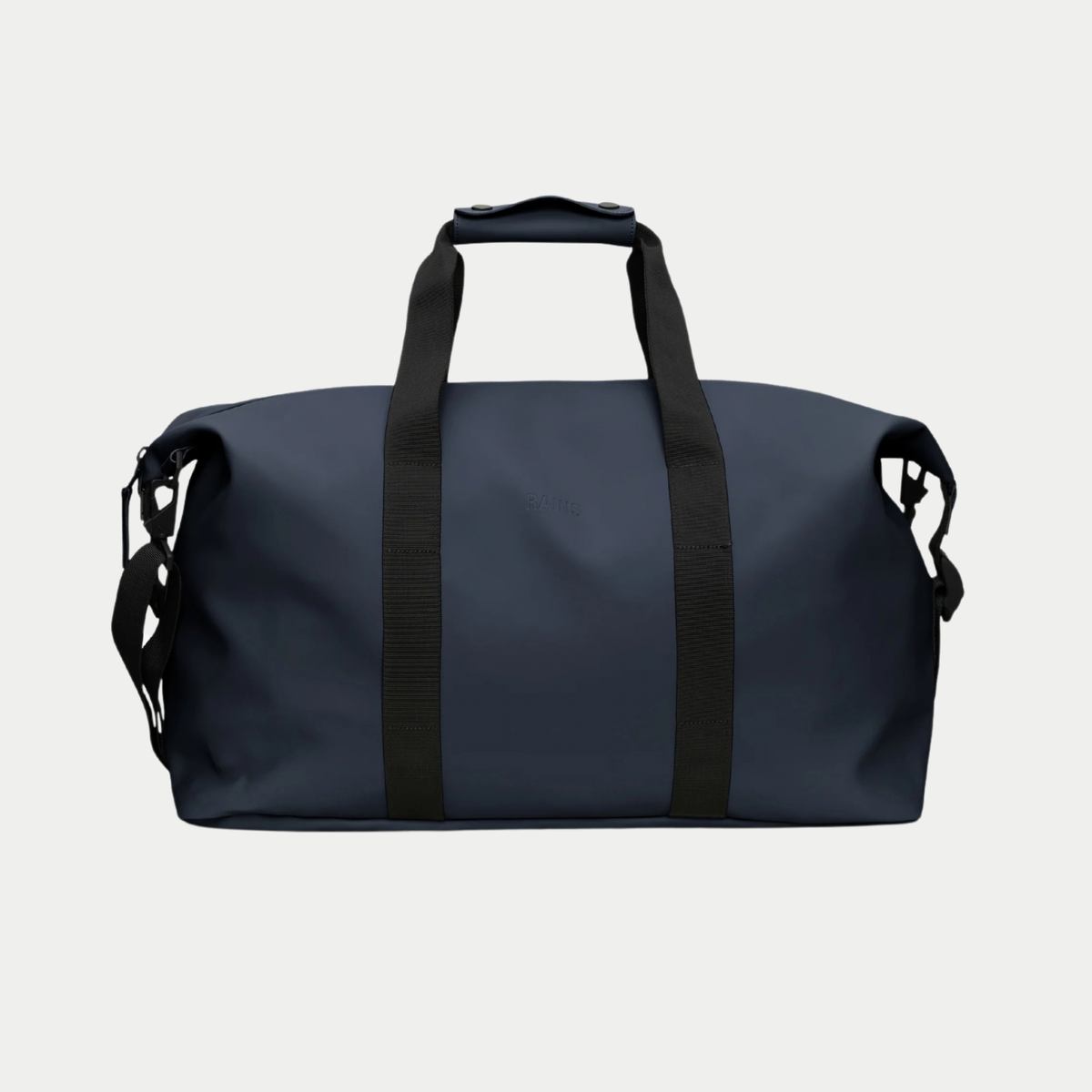 Sac de voyage Hilo Weekend Bag Bleu Marine Rains - packshot face, anses sanglées noires et attaches de bandoulière