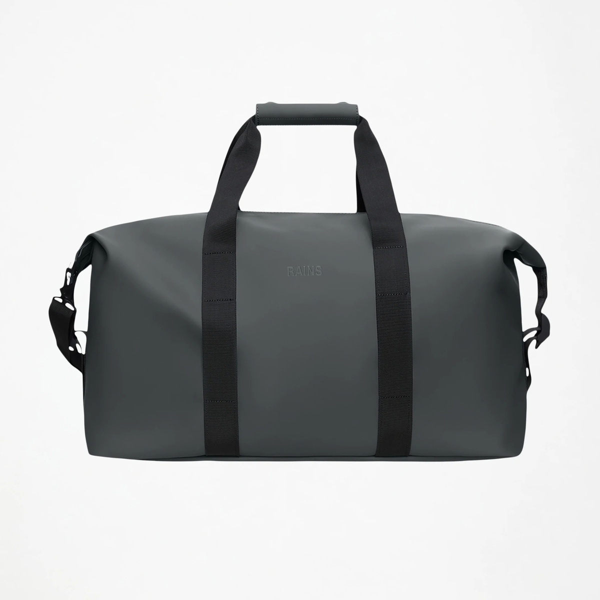 Sac de voyage Hilo Weekend Bag Gris Foncé Rains - packshot face, anses sanglées noires et sangles latérales de compression