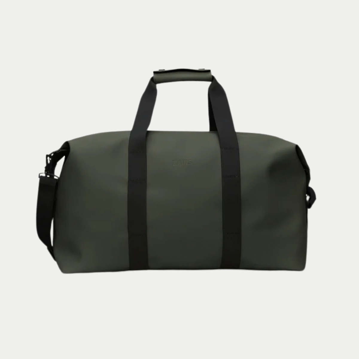 Sac de voyage Hilo Weekend Bag Vert Rains - packshot face, anses sanglées noires et bandoulière accrochée