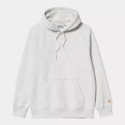 Sweat à capuche Chase Carhartt WIP gris clair chiné Ash Heather, à plat de face, cordons et poche kangourou