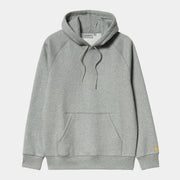Hoodie Chase Carhartt WIP Grey Heather à plat de face, molleton gris moyen chiné, cordons et poche kangourou