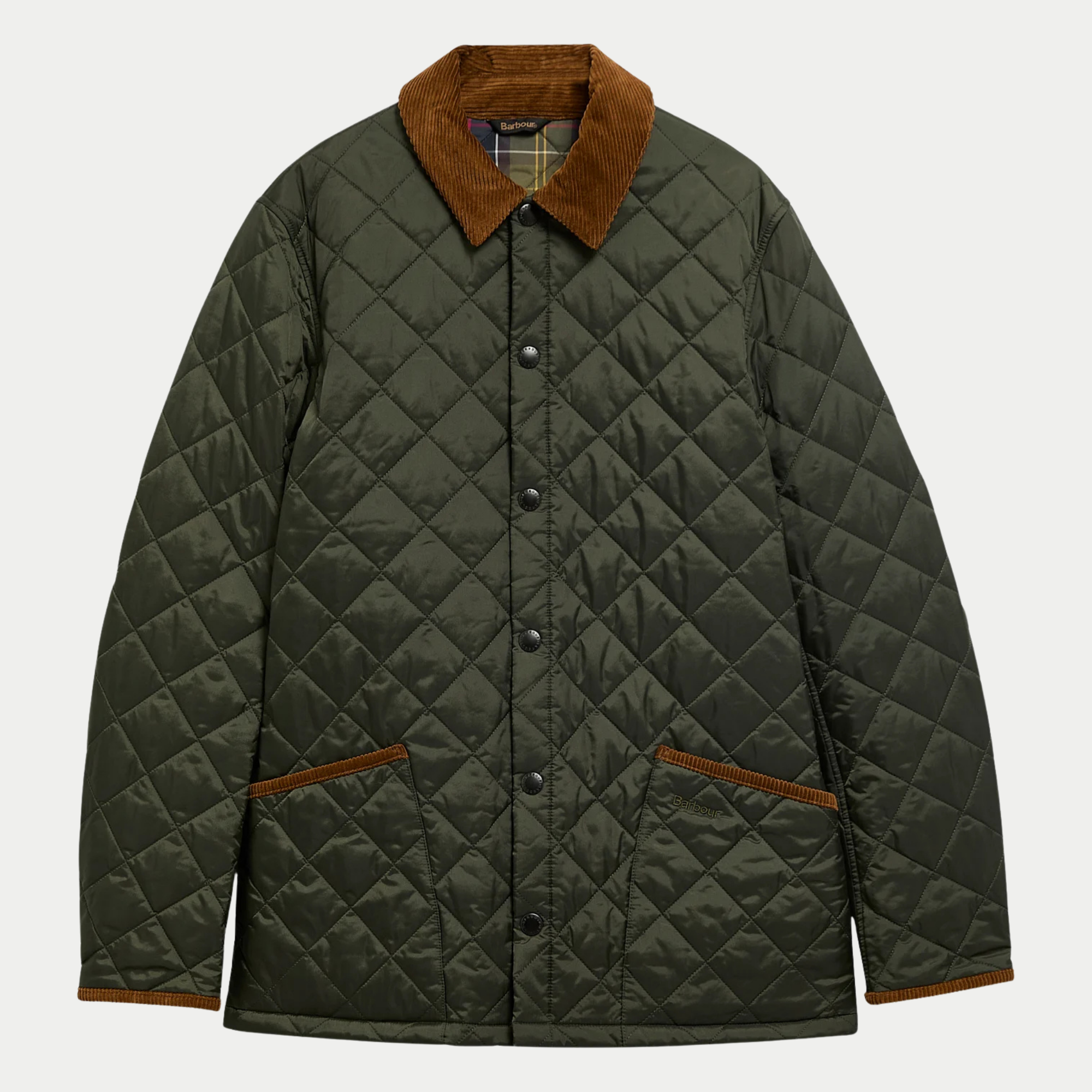 Veste matelassée Icons Heritage Liddesdale Sage Barbour, packshot de face, col en velours côtelé fauve et pressions foncées