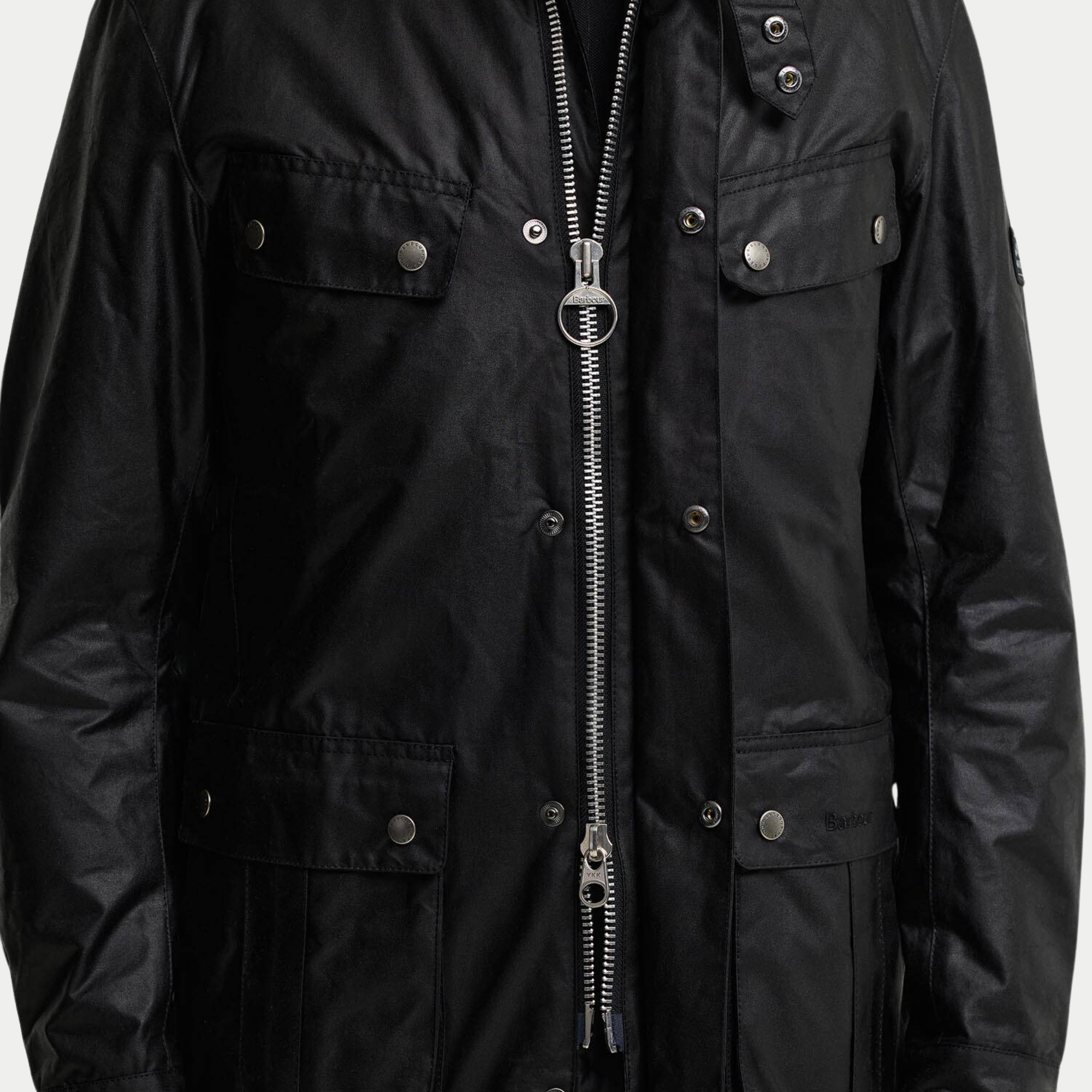 Buste ouvert de la veste cirée Duke noire Barbour International : zip double curseur à tirette anneau gravée