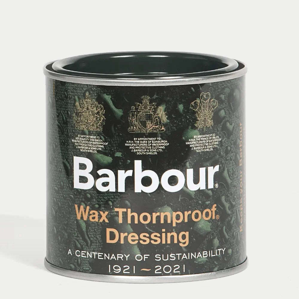 Pot de cire Barbour Wax Thornproof Dressing, étiquette vert sombre aux armoiries, centenaire 1921-2021
