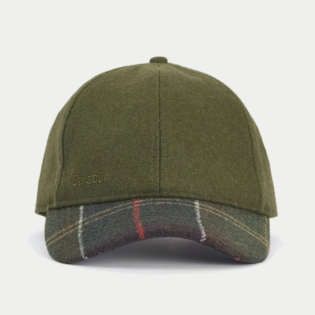 Casquette Roker Barbour de face, laine olive et visière tartan, logo brodé ton sur ton