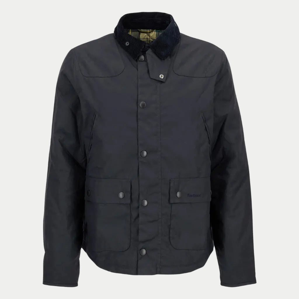 Veste Reelin Marine Barbour - vue de face à plat, col en velours côtelé et doublure tartan