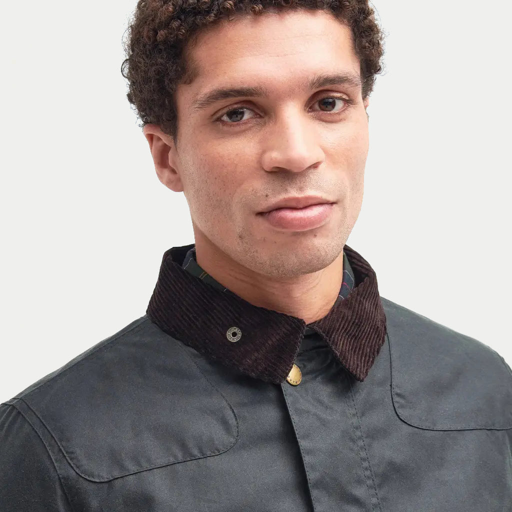 Veste Reelin Sage Barbour - buste porté, col en velours côtelé brun et pression laiton