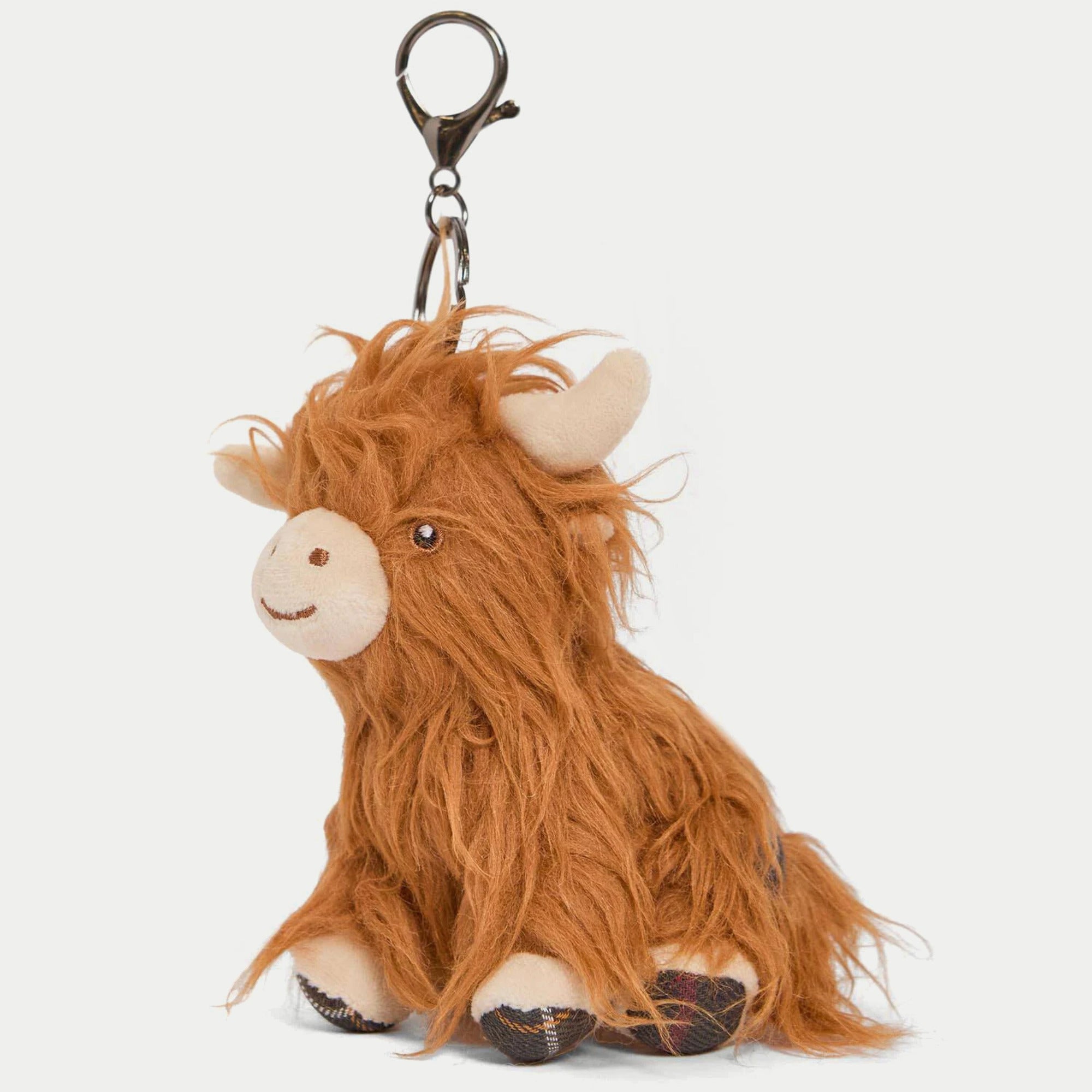 Porte-clés Vache des Highlands Barbour - de face, longs poils roux, cornes crème et mousqueton