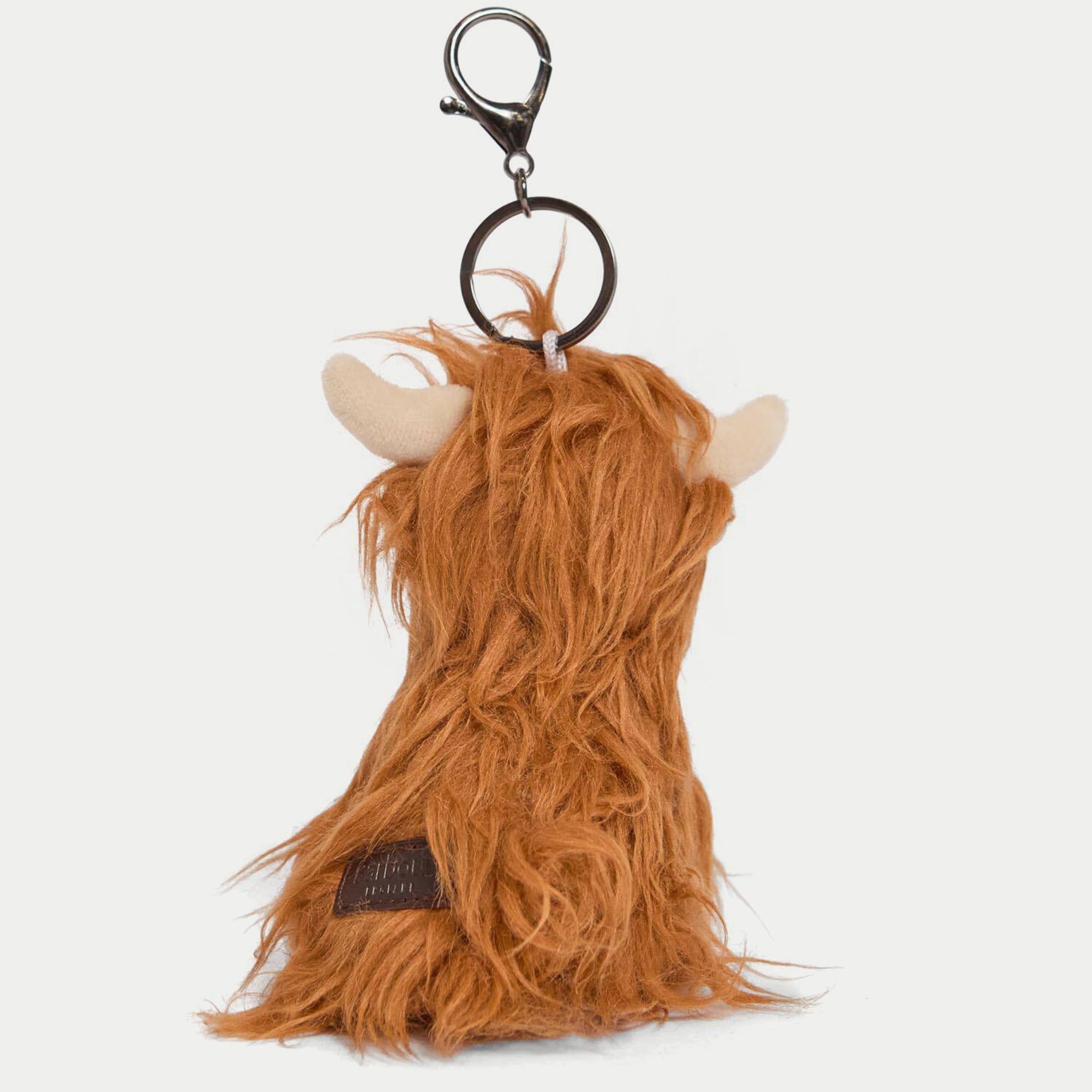 Porte-clés Vache des Highlands Barbour - vu de dos, poils roux et étiquette cuir sur le flanc