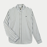 Chemise Ivoy Faguo en oxford rayé kaki et écru, vue à plat de face, col boutonné et poignets repliés