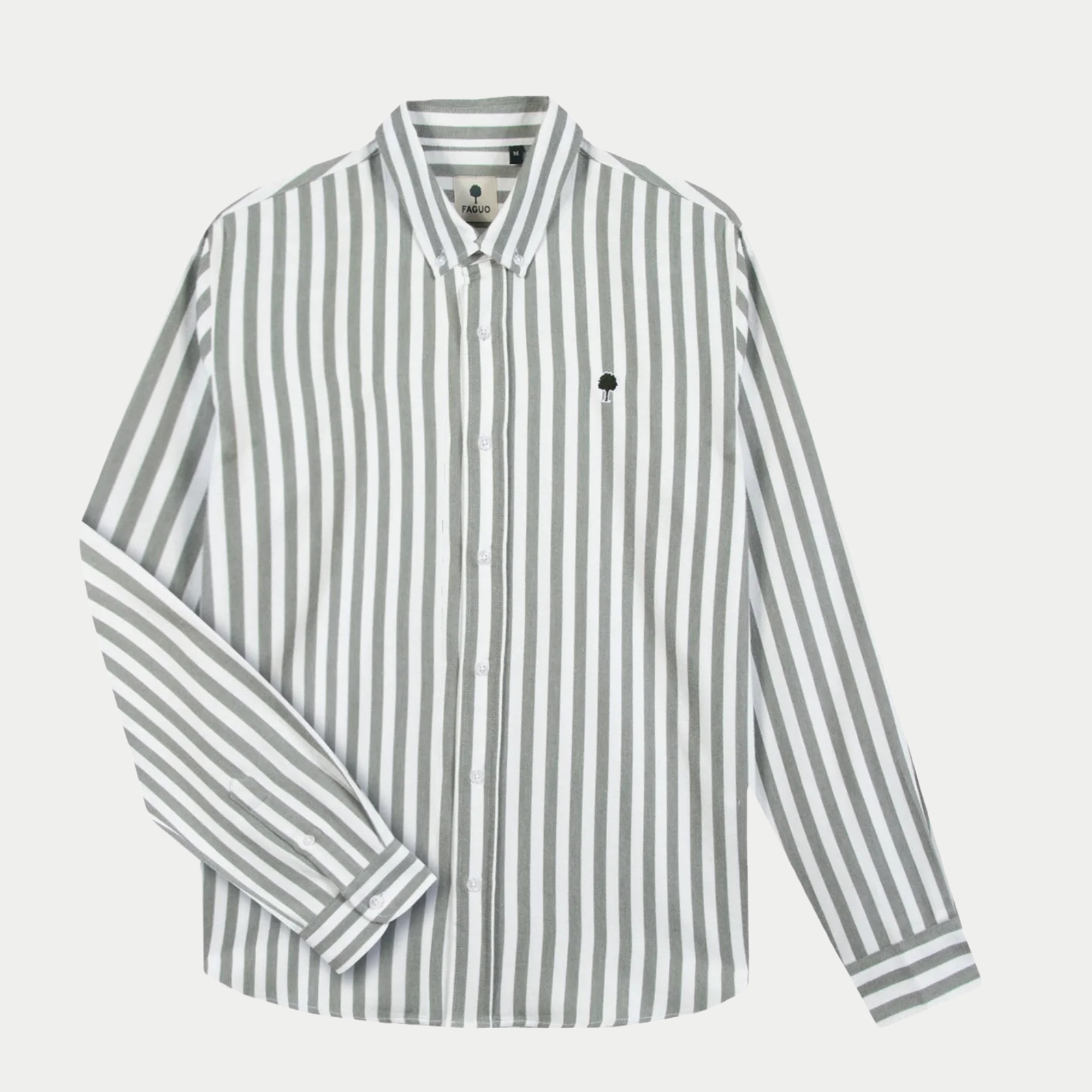 Chemise Ivoy Faguo en oxford rayé kaki et écru, vue à plat de face, col boutonné et poignets repliés